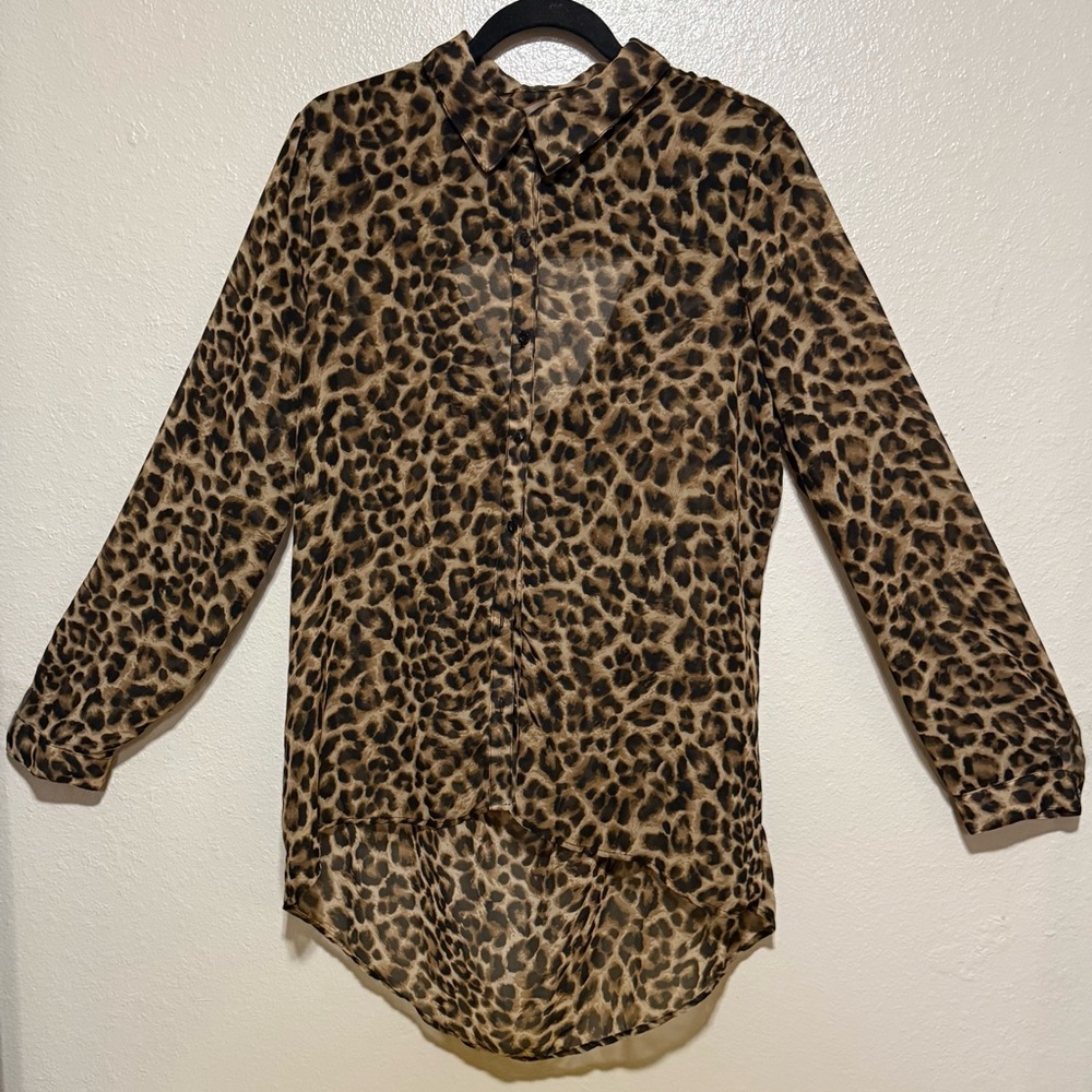 No Boundaries Leopard Print Blouse XL Sheer Animal Print Button Long Sleeve Top - Picture 2 of 5